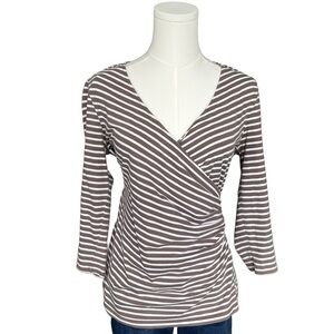 Ann Taylor Brown and White Striped Wrap-Front Long Sleeve Top Size M